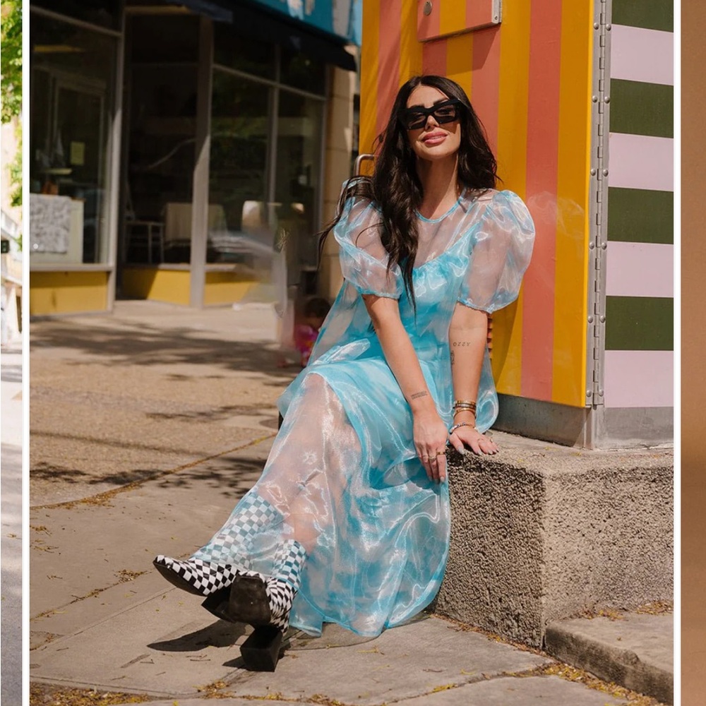 Dressed in LALA Sky Blue Sheer Dress with Checkered Boots